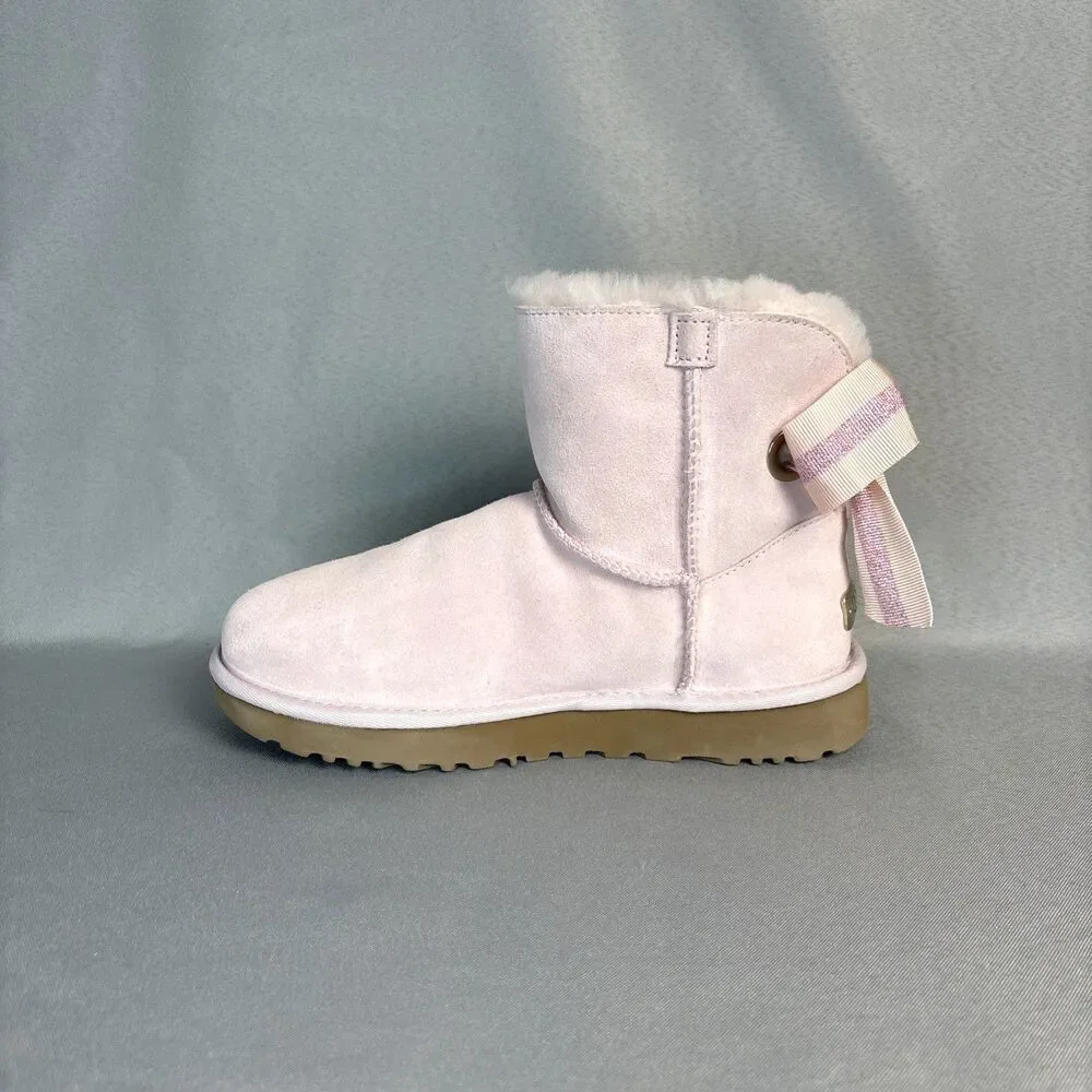 Womens UGG Boots Sz 7 Bailey Bow Customizable Pink Suede Festival Coquette Rare - Picture 6 of 13